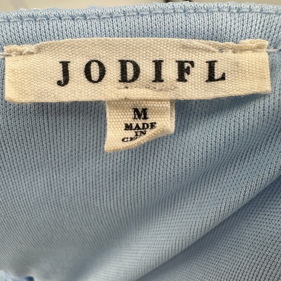 Jodifl Mini Dress M Baby Blue Smocked Swiss Dot Ruffle Hem Lined Flutter Sleeve - Picture 7 of 9